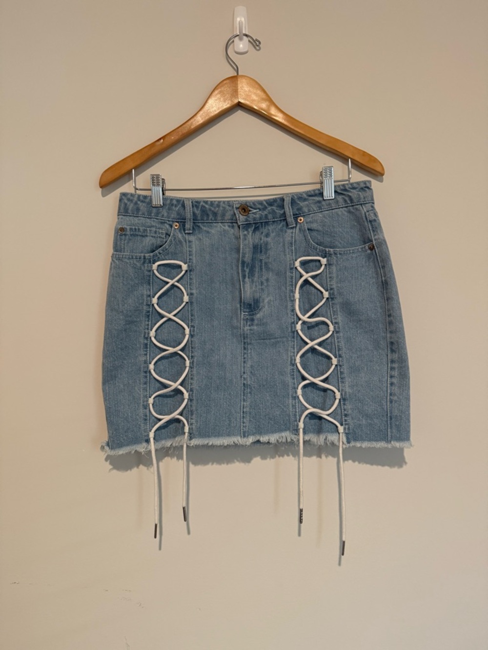 pistola light blue denim mini skirt with white lace-up